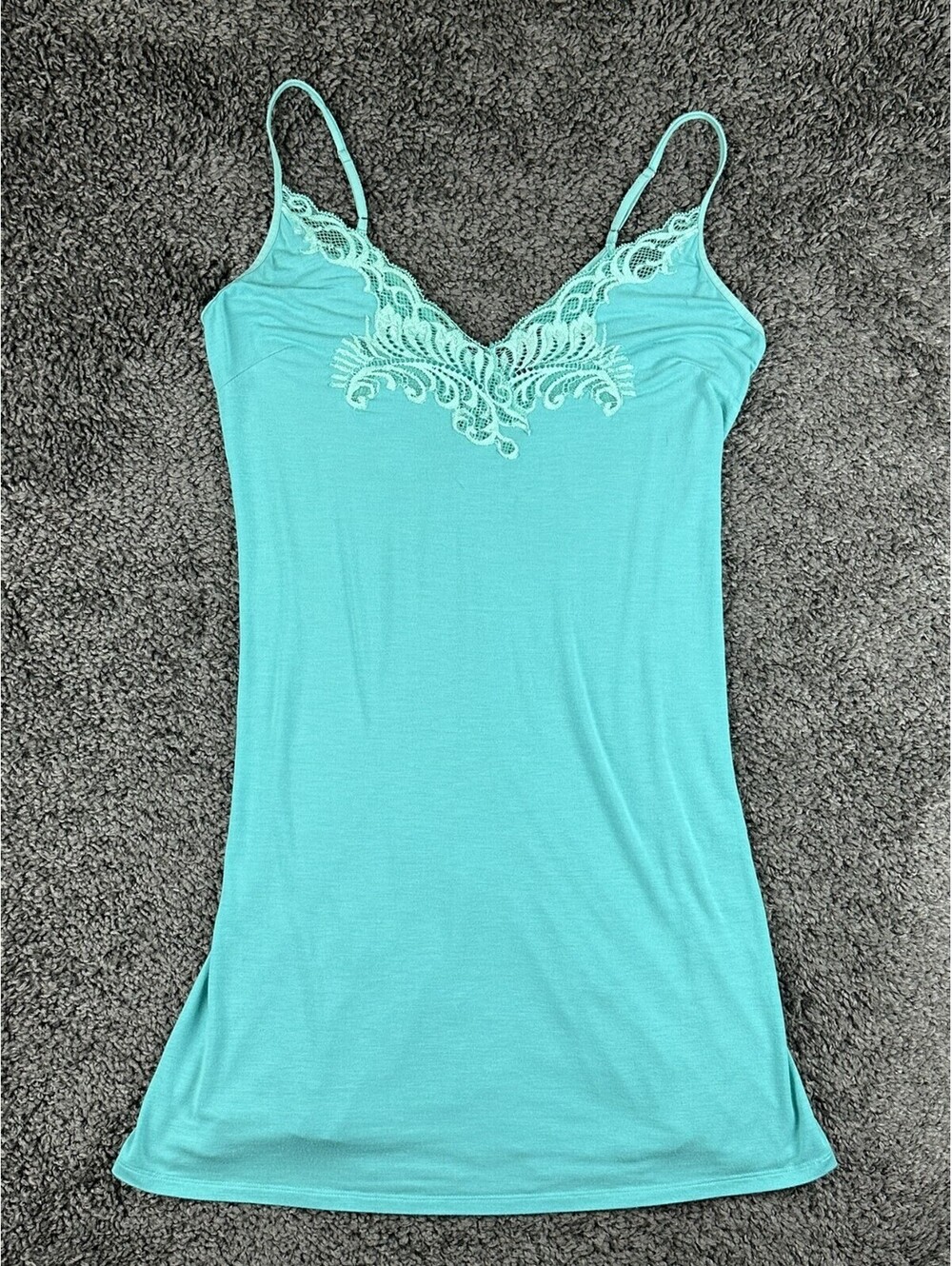 Natori Womens M Teal Floral Embroidered Chemise Slip Dress Nightgown